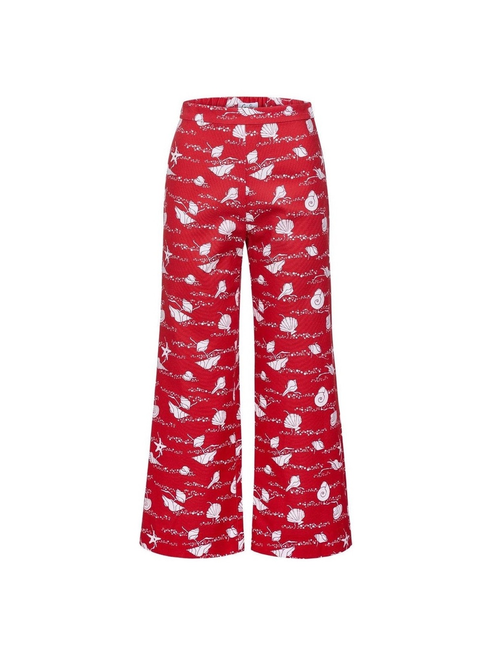 NWT Tuckernuck Coco Shop Wide Leg Pants Red Shell Print Small Beach Resort FLAW